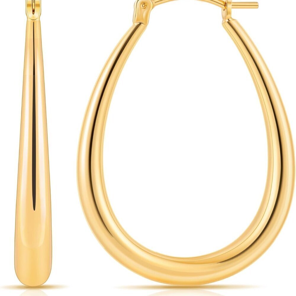 Chunky Hoop Earrings Gold Plated Oval 30mm Hypoallergenic Sterling Silver